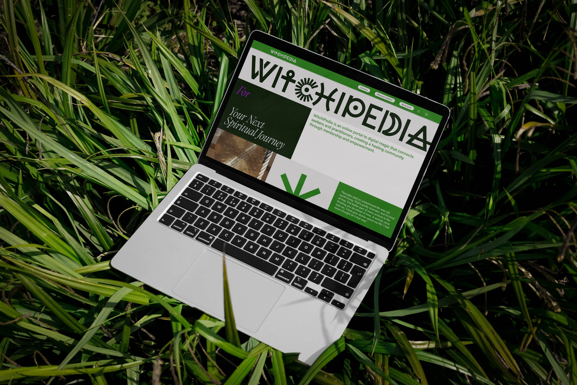 an open laptop in the grass at night with the webpage open to a site called Witchipedia