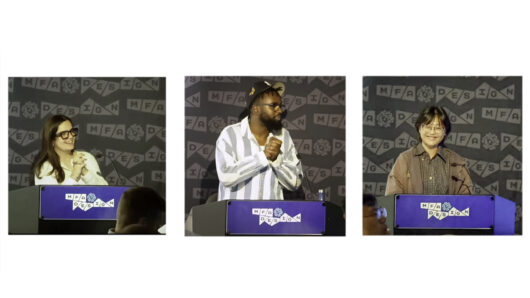 three photos of people speaking at a podium