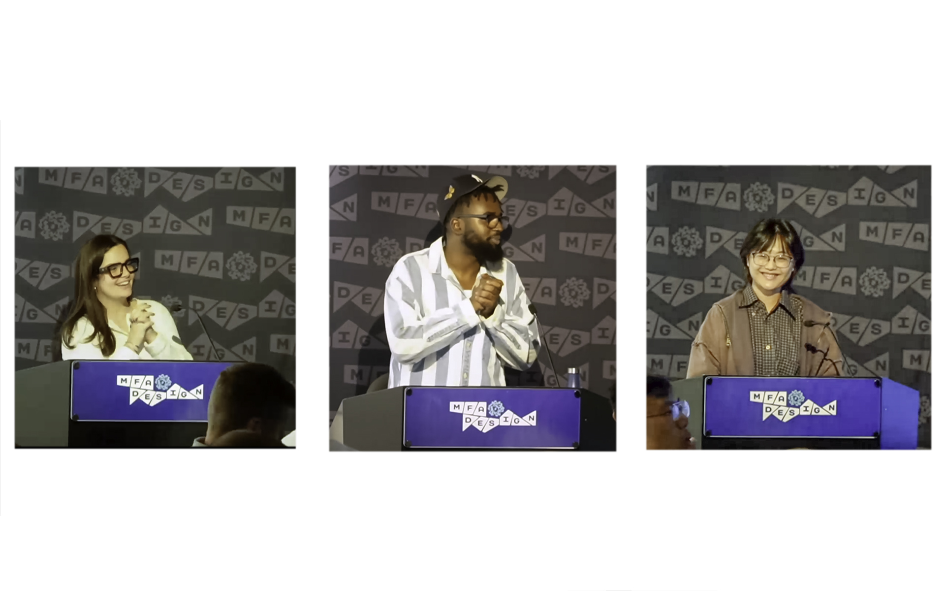 three photos of people speaking at a podium