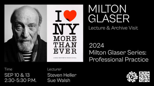 a portrait of Milton Glaser and his I love new york poster