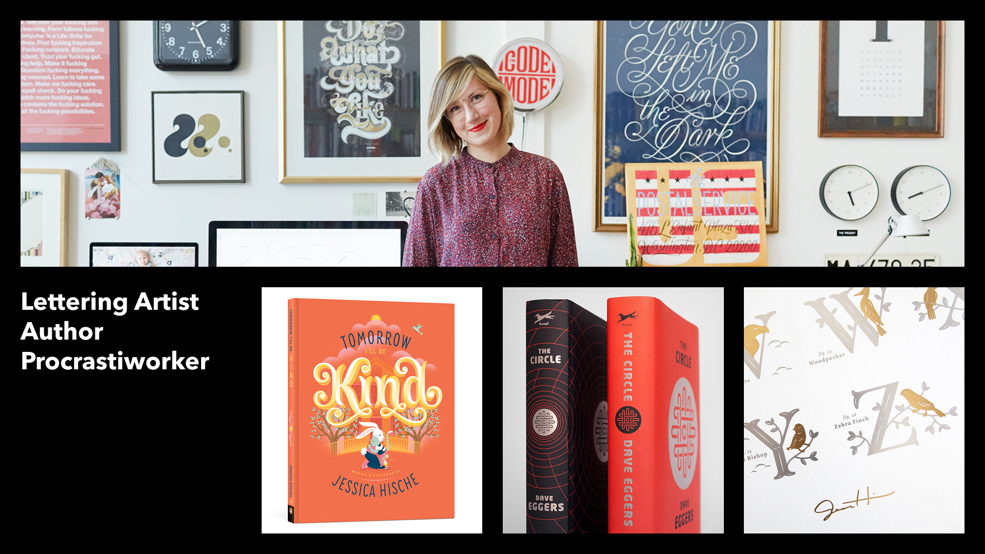 portrait of graphic designer Jessica Hische and her work