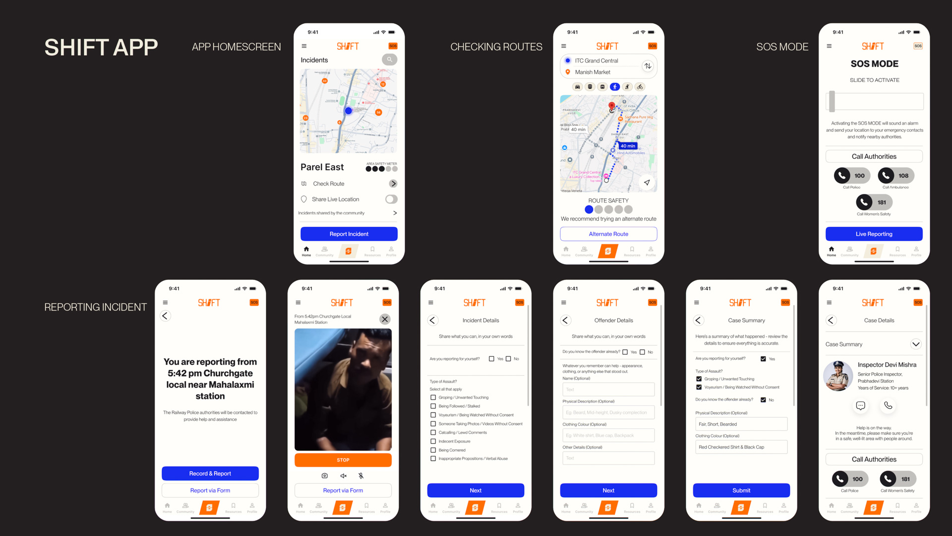 Many mobile phone screens showing pages from the SHIFT app
