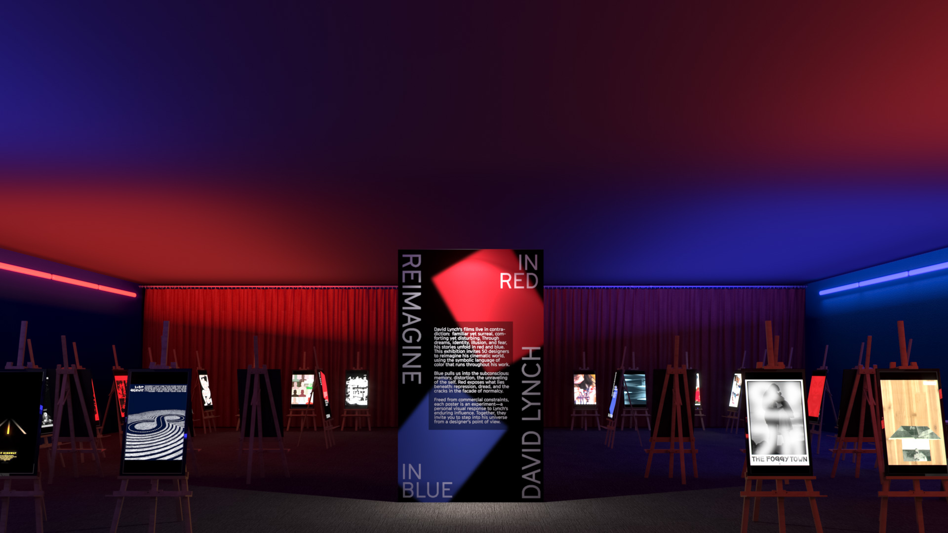 a room with promotional posters in it that is lit with blue and red lights