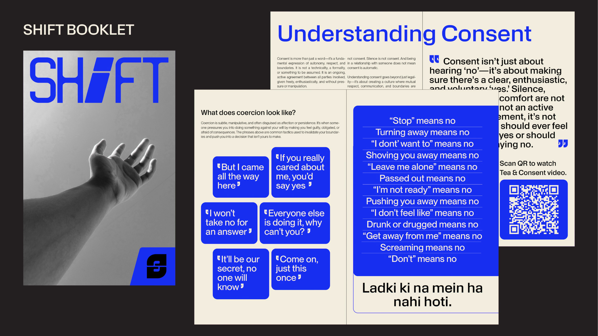some pages of text from the SHIFT campaign. one photo of an outstretched arm and hand