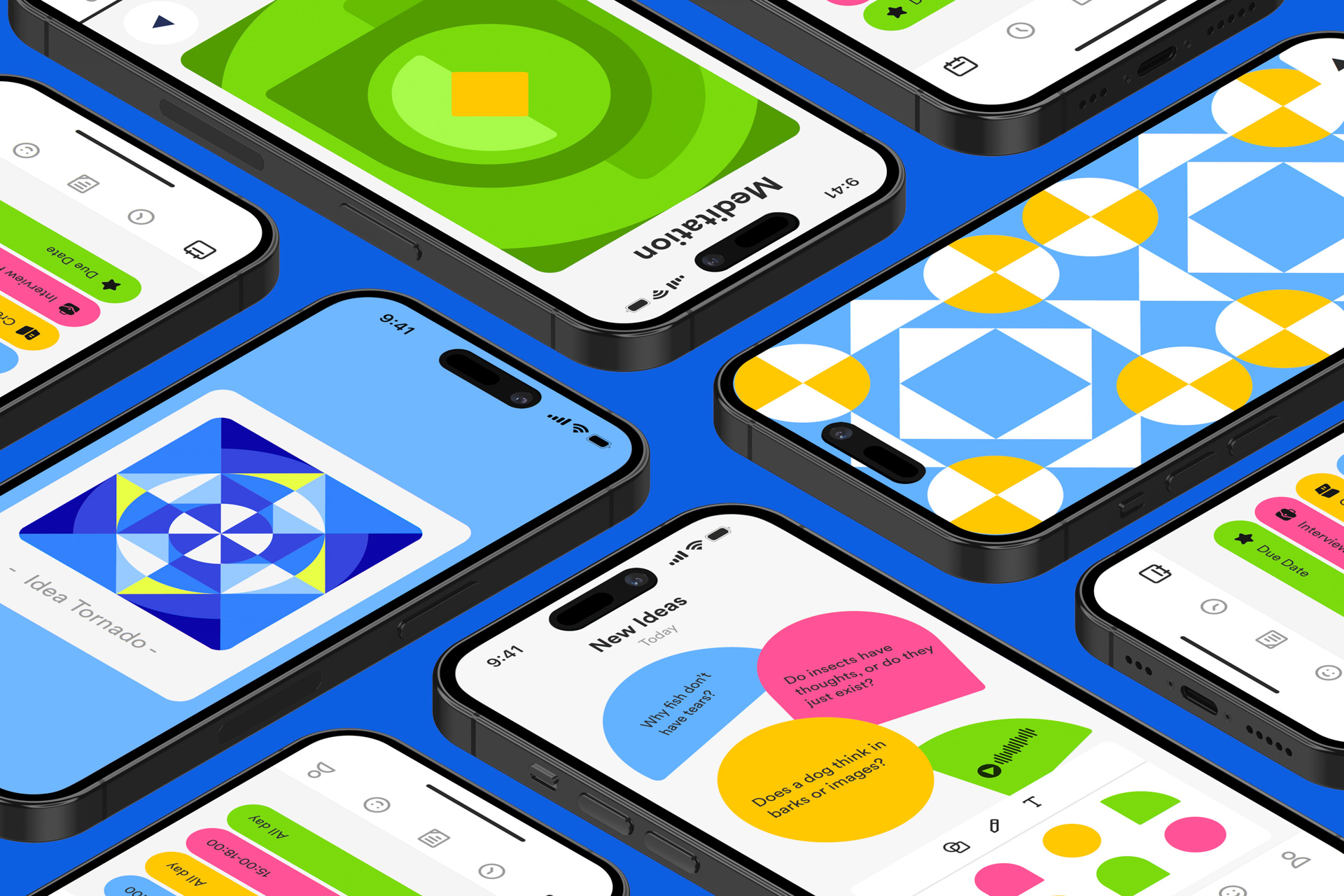 a photo illustration of several iPhones arranged on a blue surface. the screens show geometric shapes