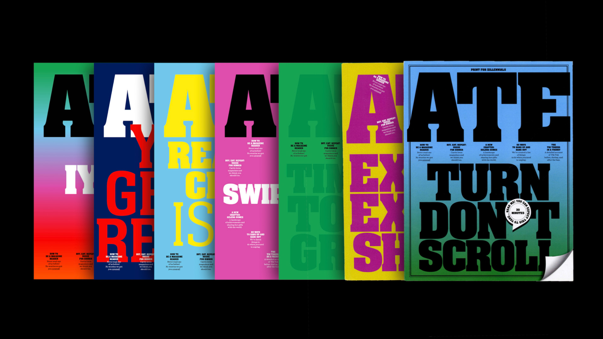 seven covers from the ATE magazine in a line.