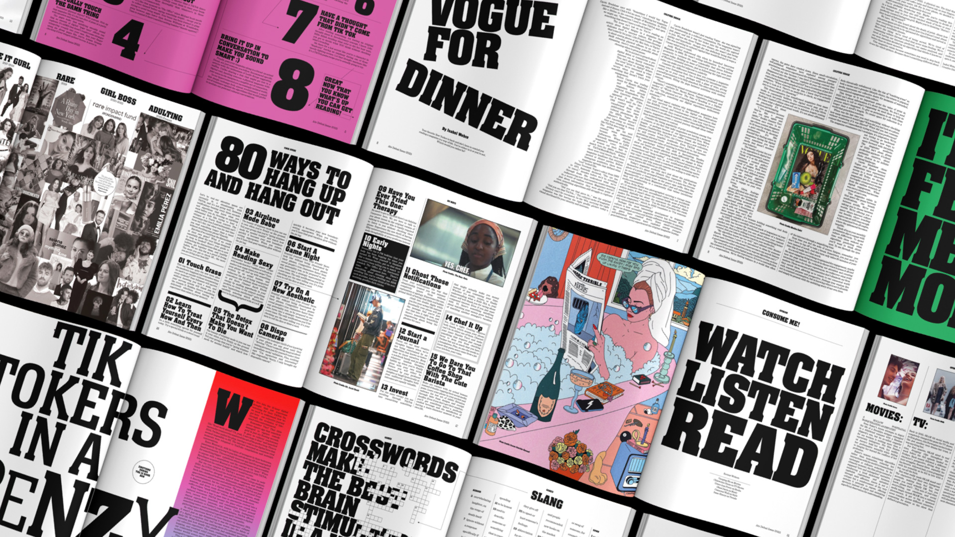 a collage of open magazine spreads from the ATE magazine