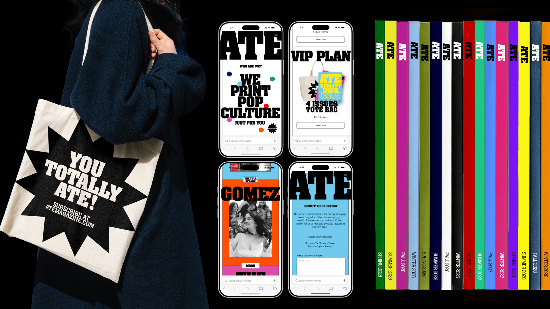 four iPhones showing pages from the online version of the ATE magazine