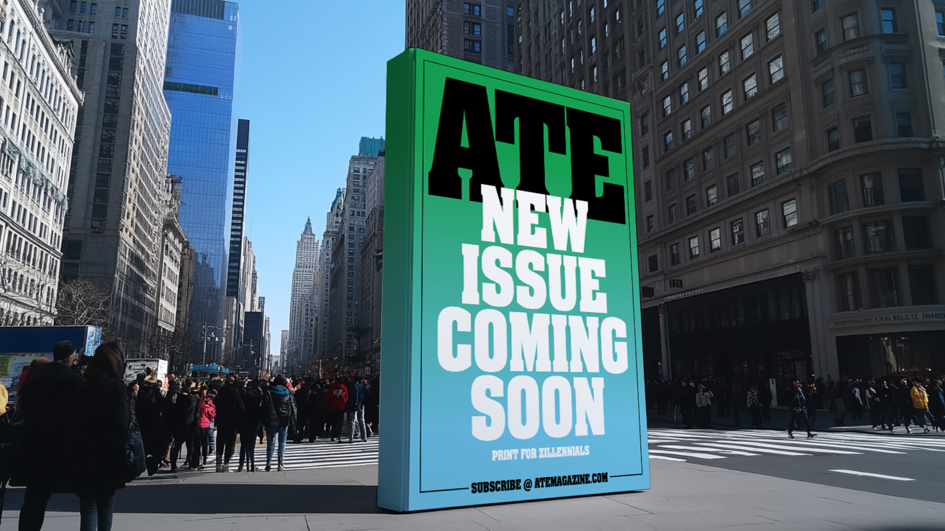 a photo illustration of an outdoor advertisement for ATE magazine