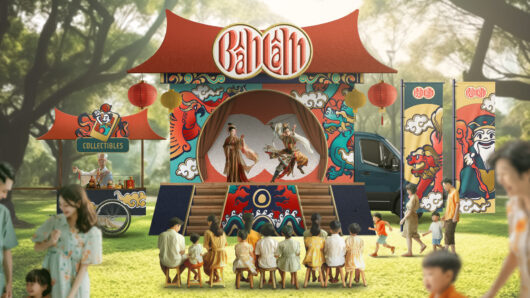 a photo illustration of a park with a traveling theatre troupe