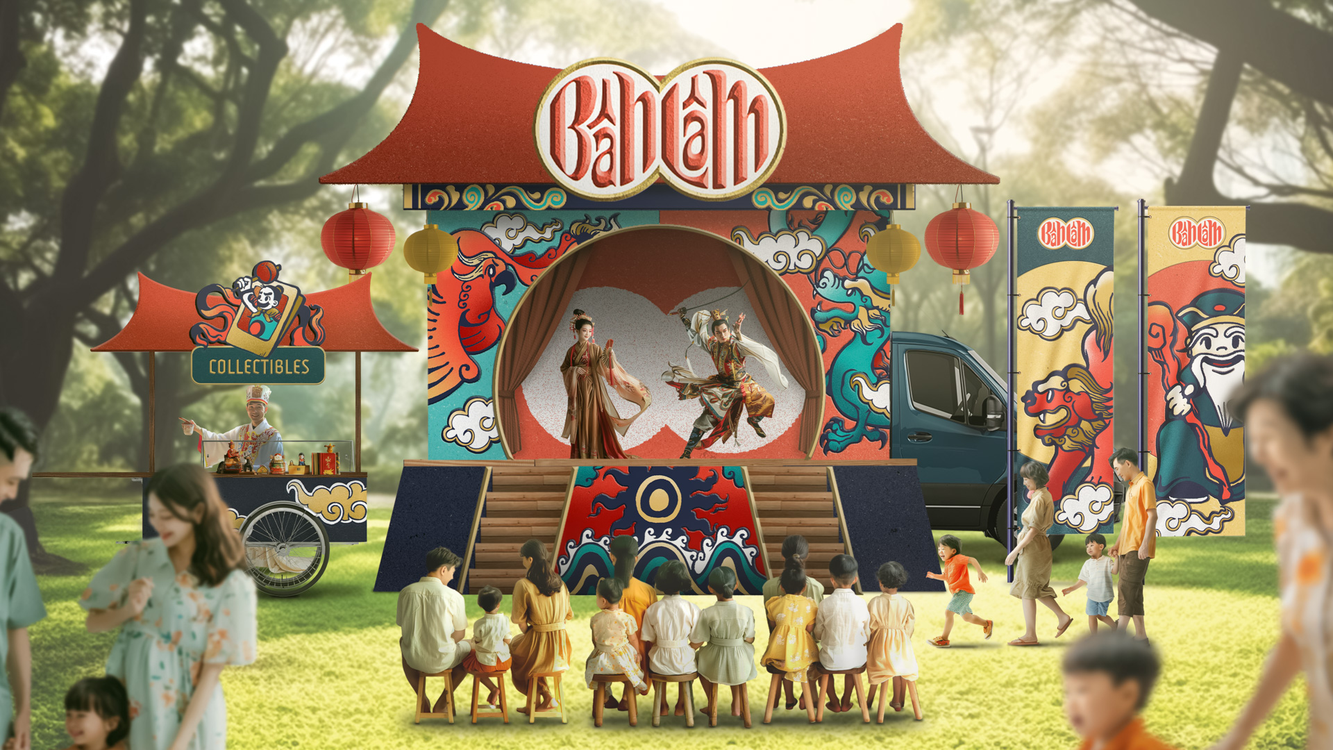 a photo illustration of a park with a traveling theatre troupe