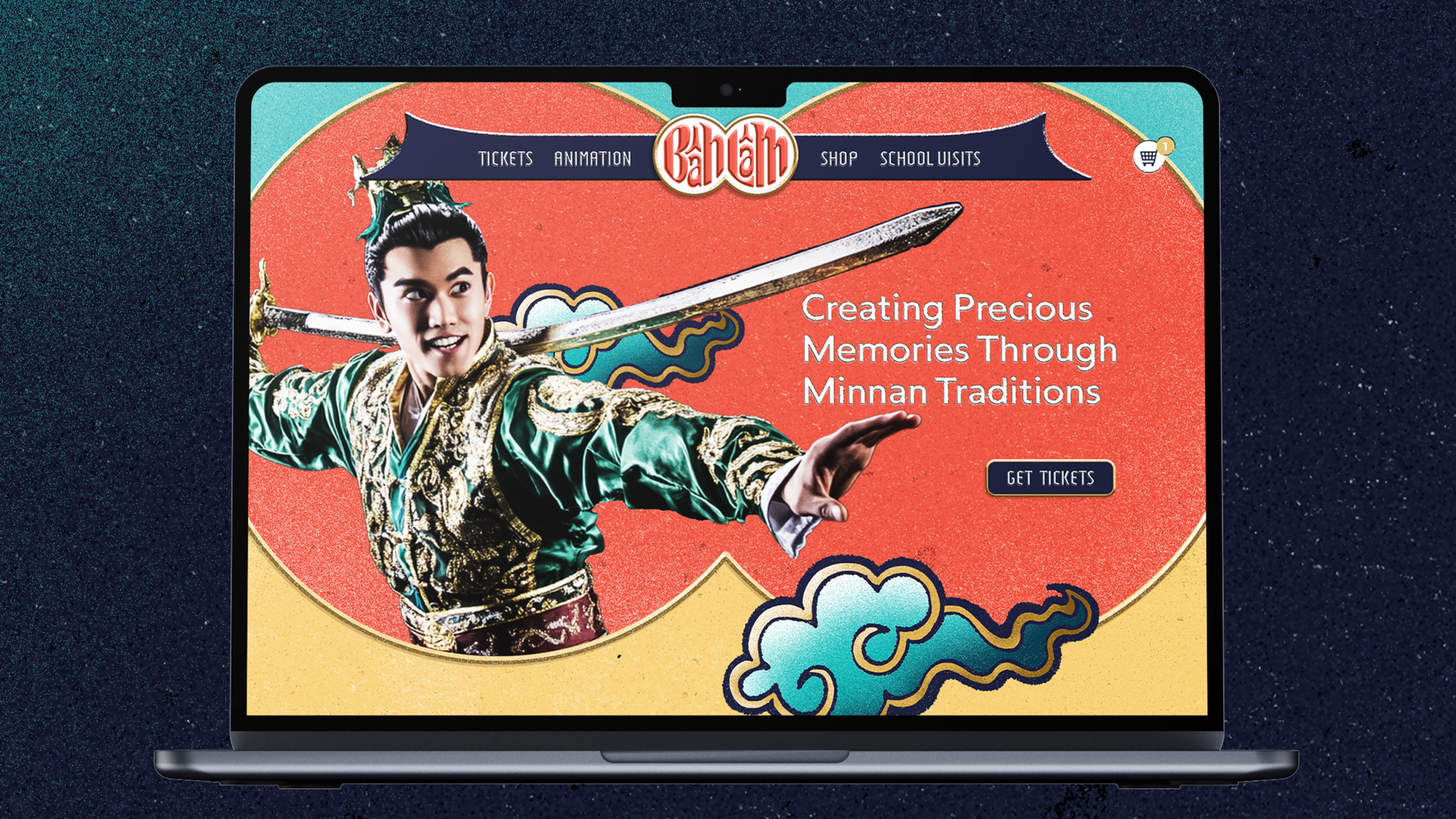 a smiling man with a sword and outstretched hand.