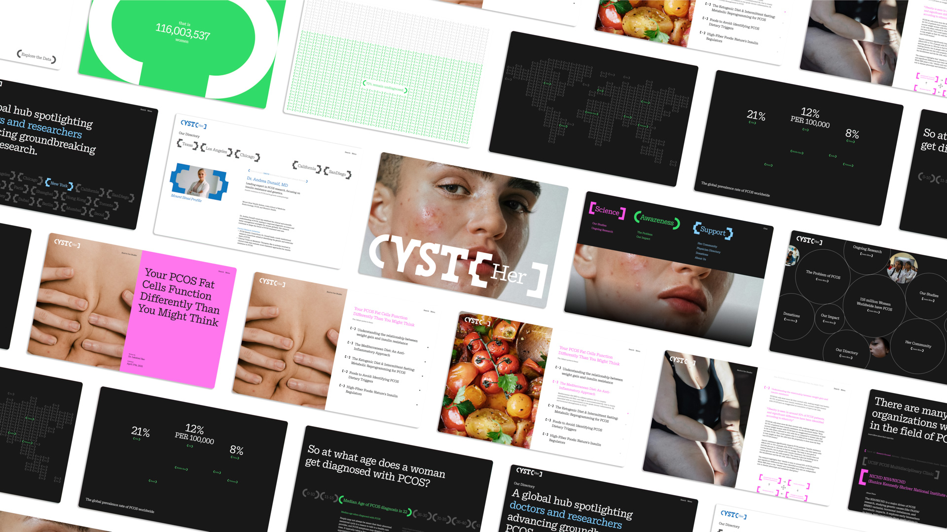 a collage of many different webpages about the CYST(her) brand
