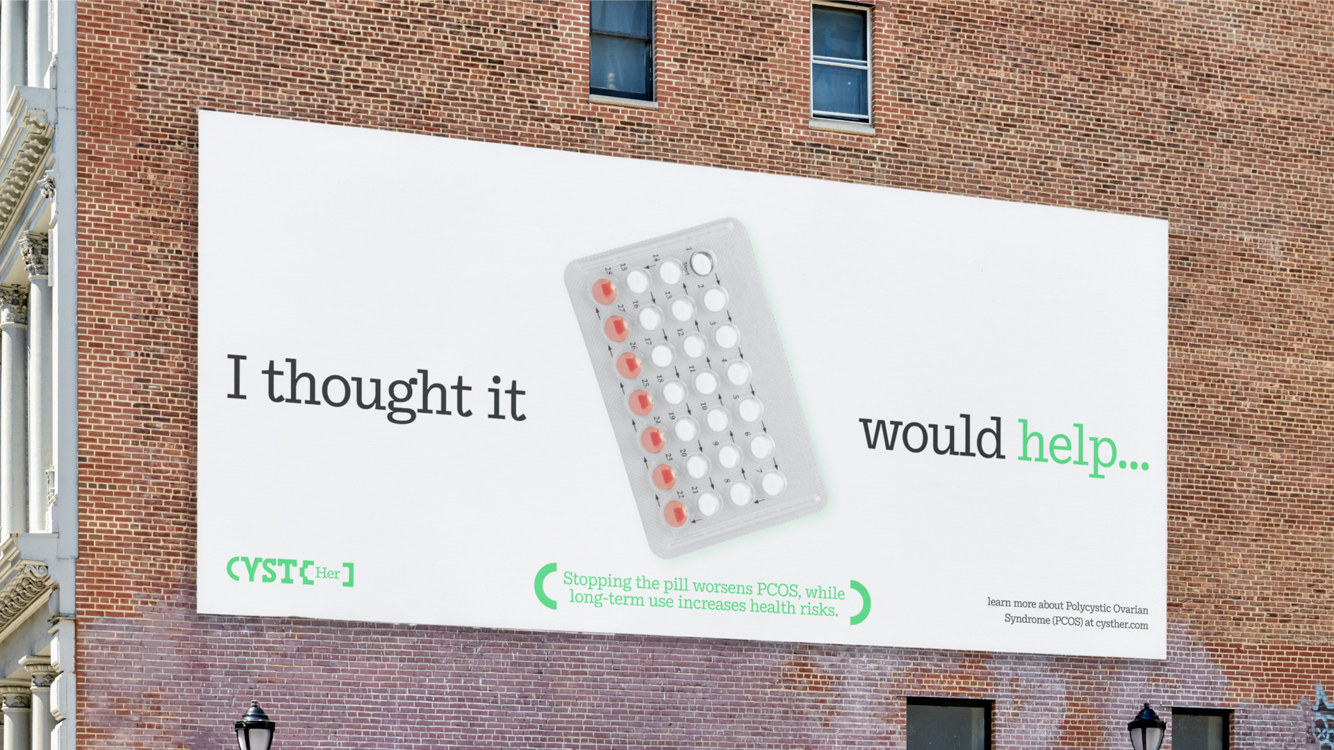a billboard on a wall. the billboard shows  birth control tablets with the text I thought it would help