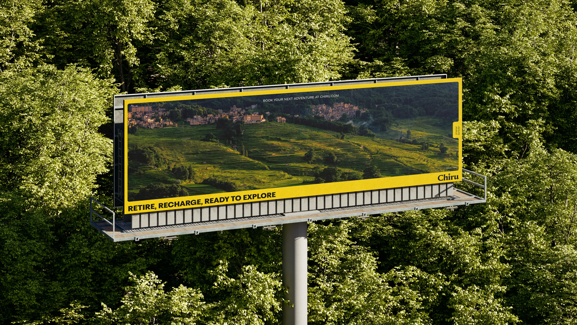 an outdoor billboard with a landscape photo on it, surrounded by a beautiful landscape similar to the billboard.