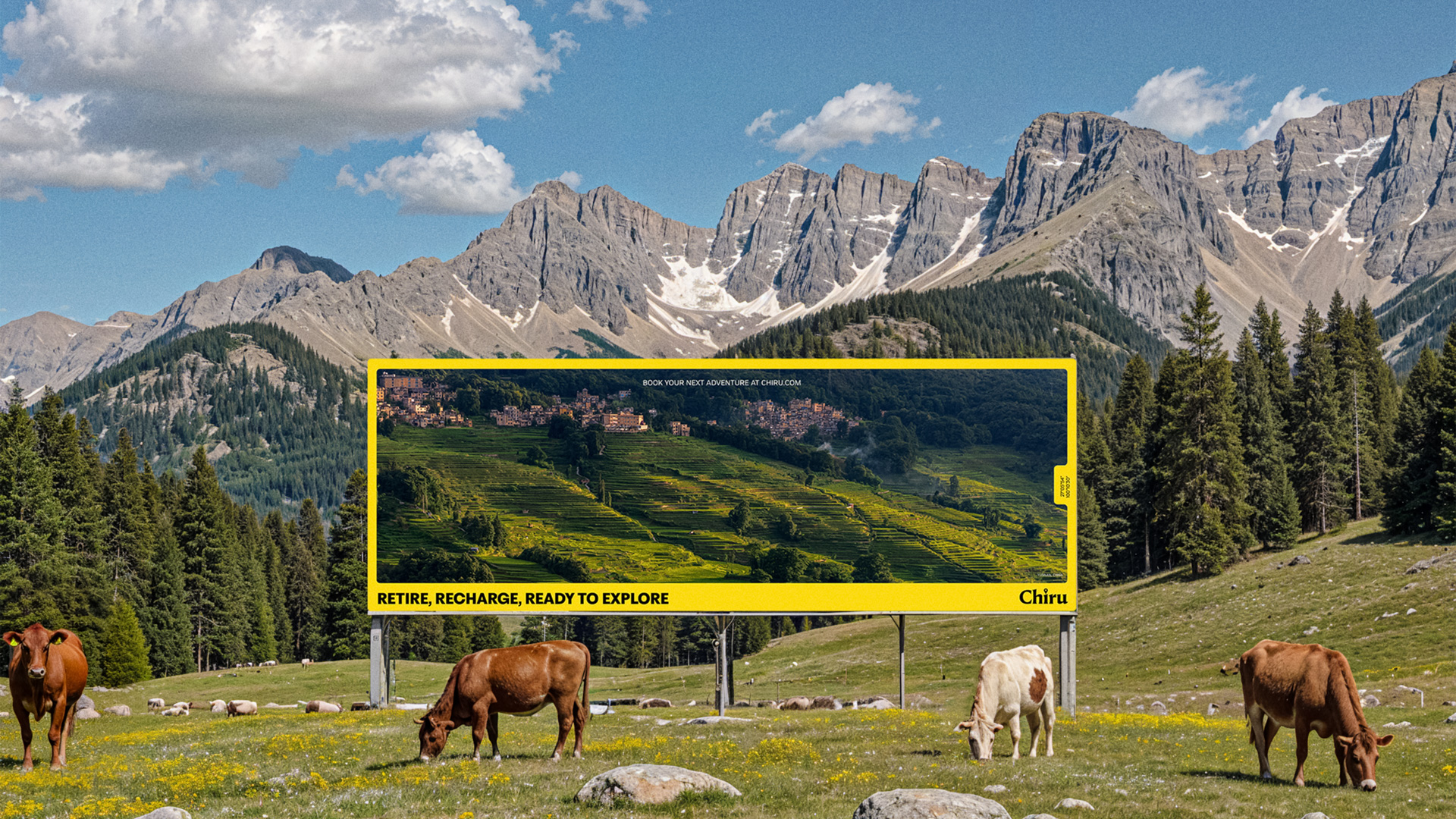 an outdoor billboard with a landscape photo on it, surrounded by a beautiful landscape similar to the billboard.