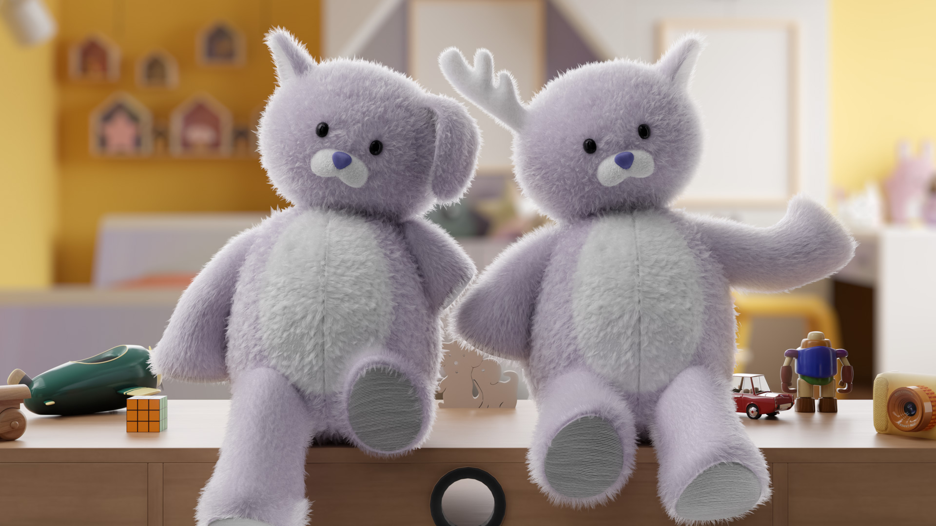 two plush dolls with different attributes against a out of focus blurry background