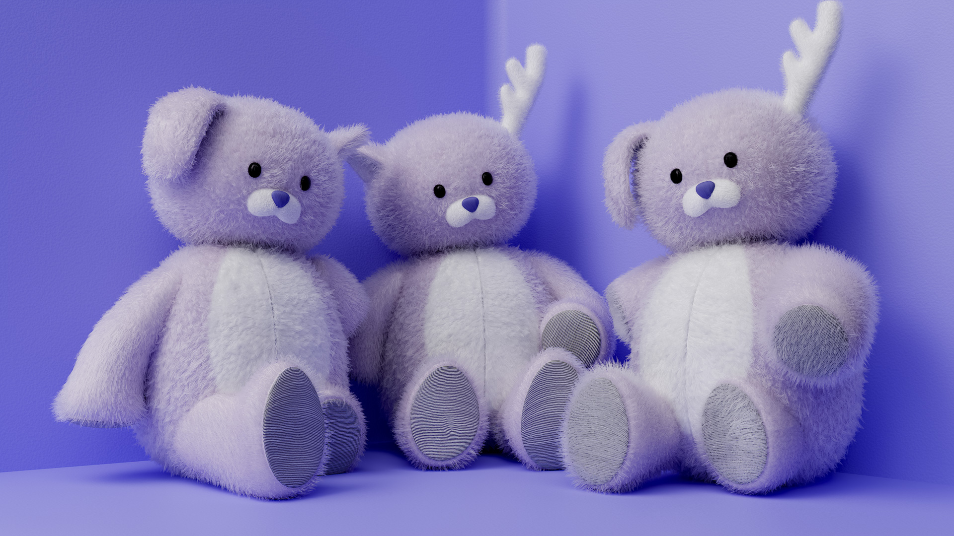 three plush dolls with different attributes against a blue background