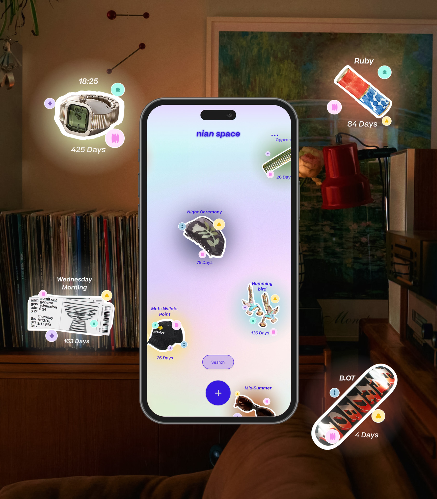 a phone floating against a dark background. there are images and logos all around the phone