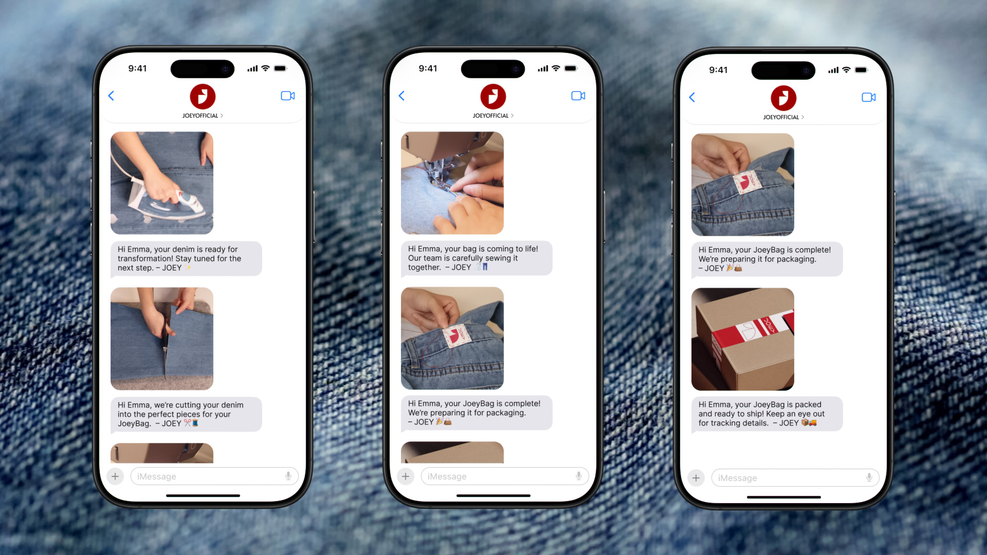 three iphones with images of bags being made from used jeans