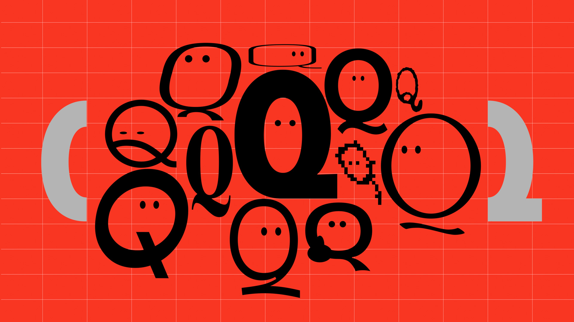 a colorful group of letter Qs in different styles