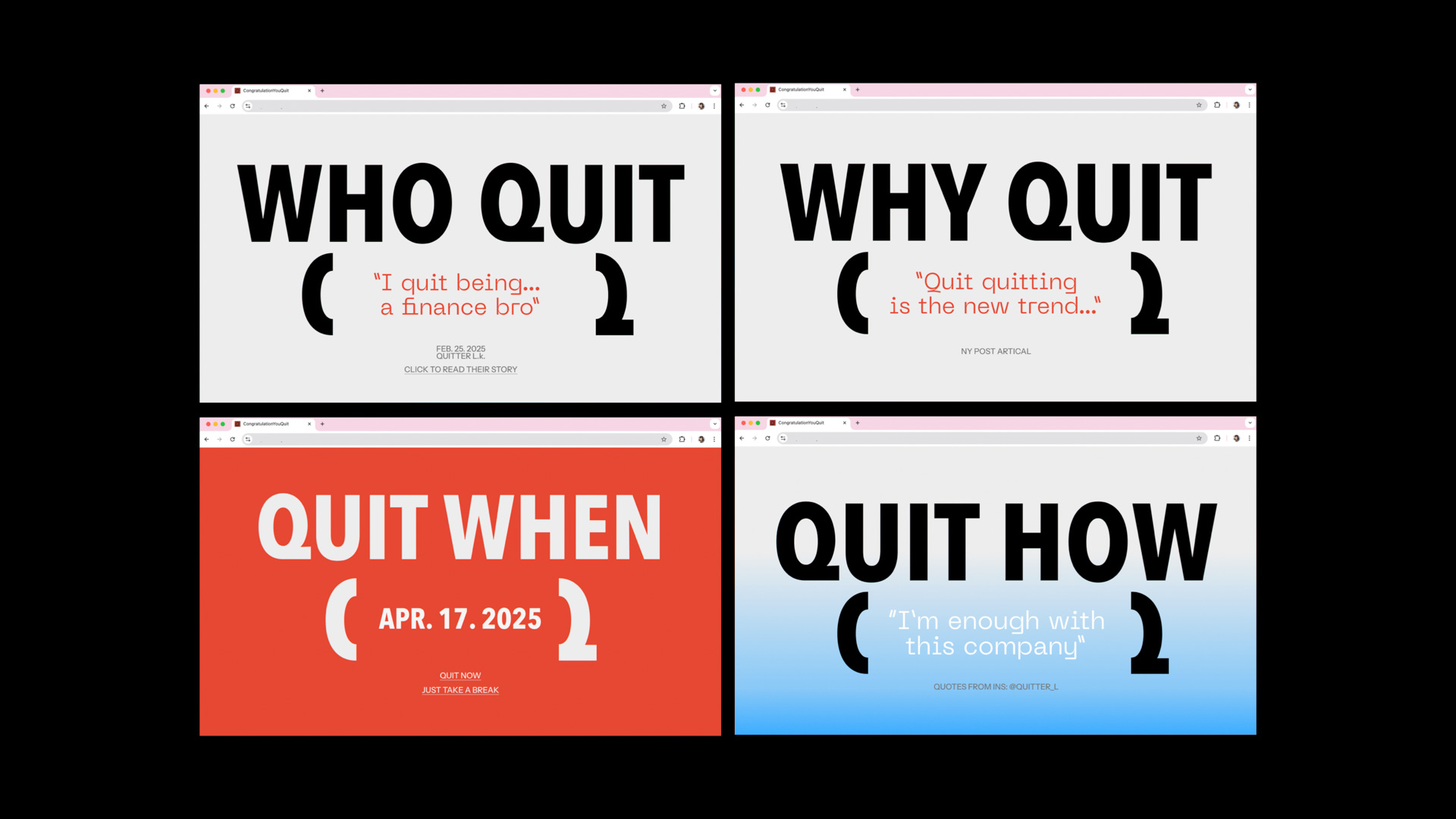 four panels with questions about quitting on them