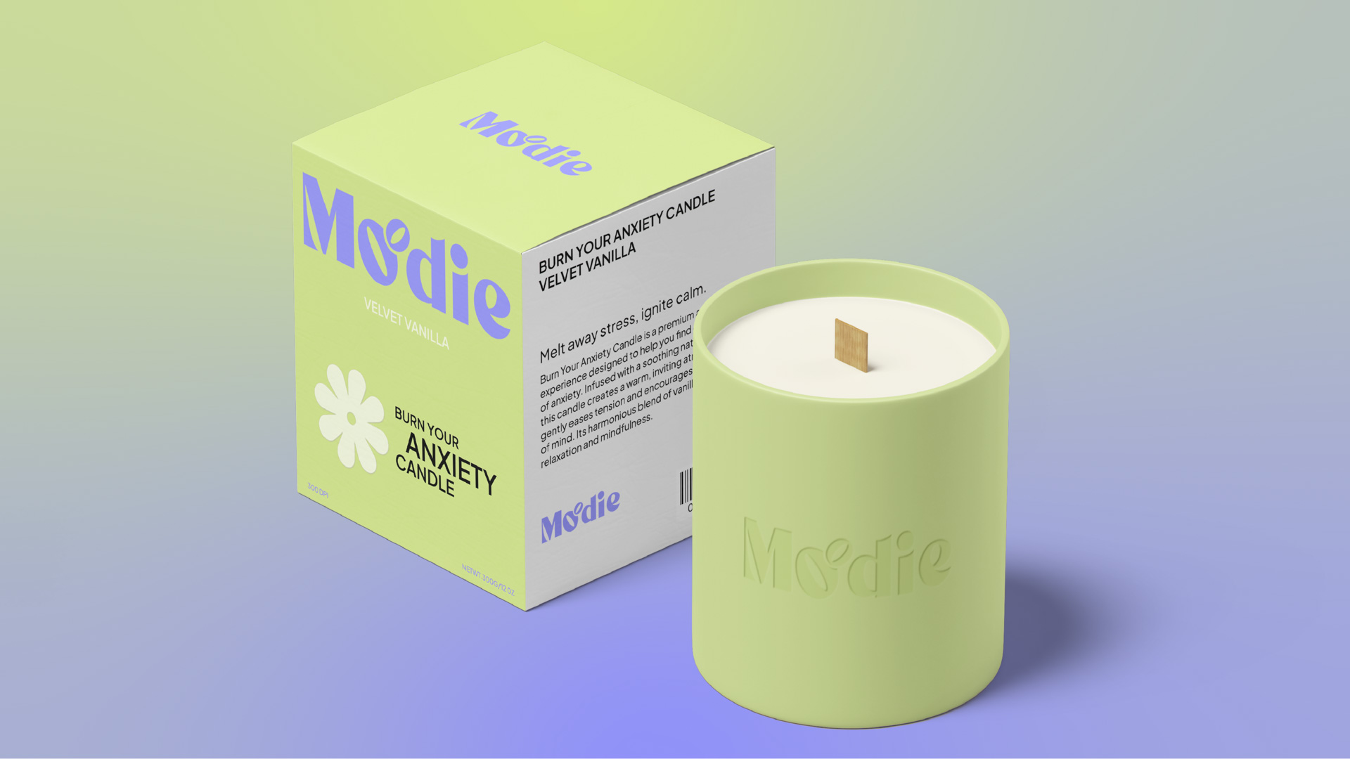 a candle with packaging on a colorful gradient background