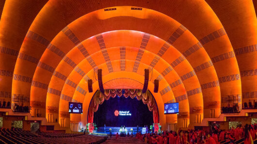 a wide angle shot of Radio city Music Hall