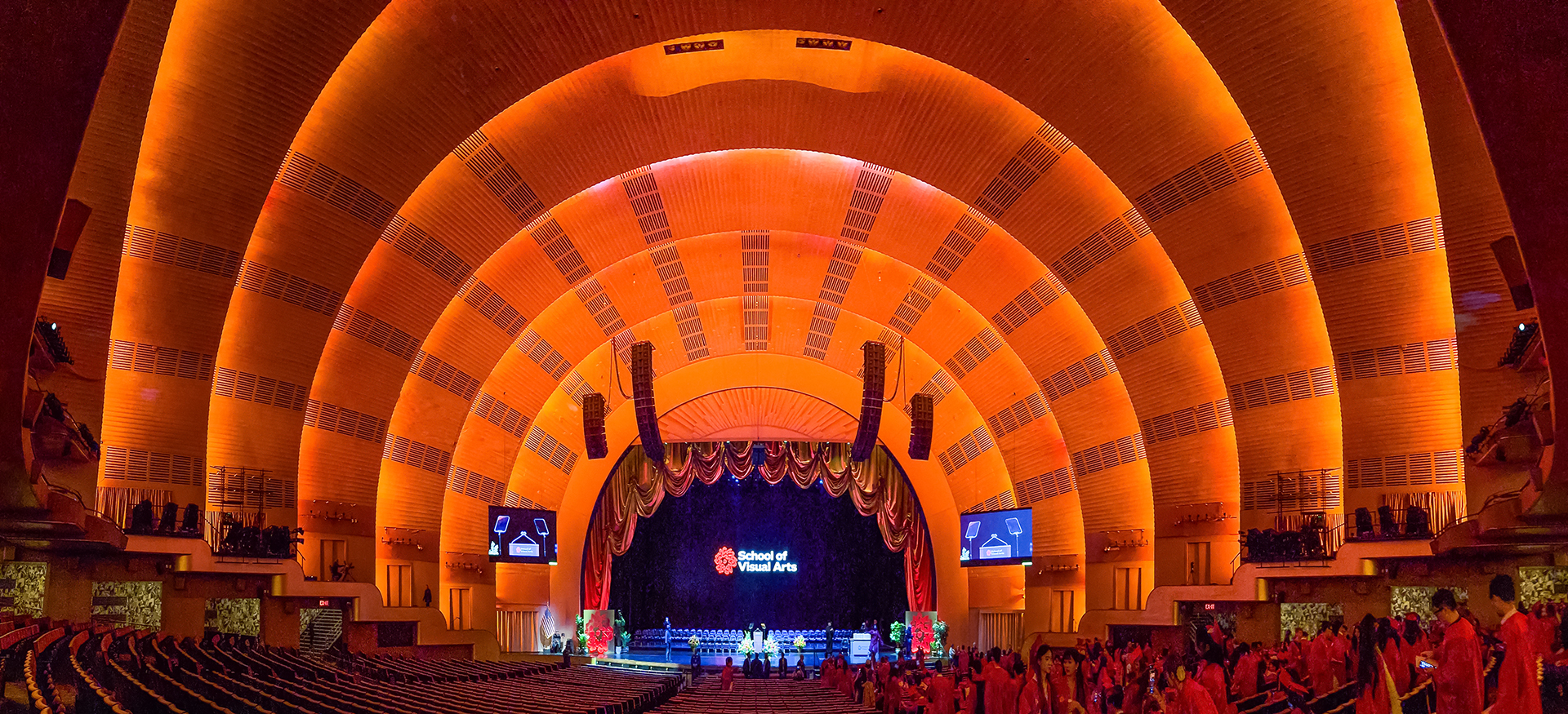 a wide angle shot of Radio city Music Hall