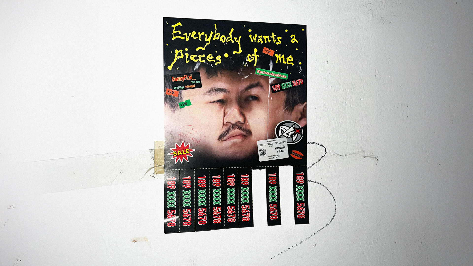 a tear-away advertising project on white wall. man's face and writing on the paper.