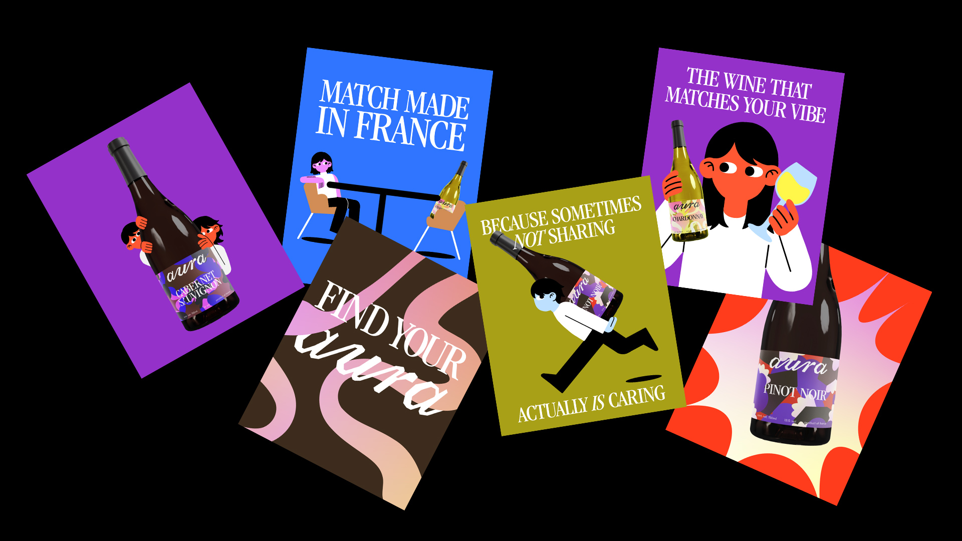 on a black background, several colorful graphic designed posters