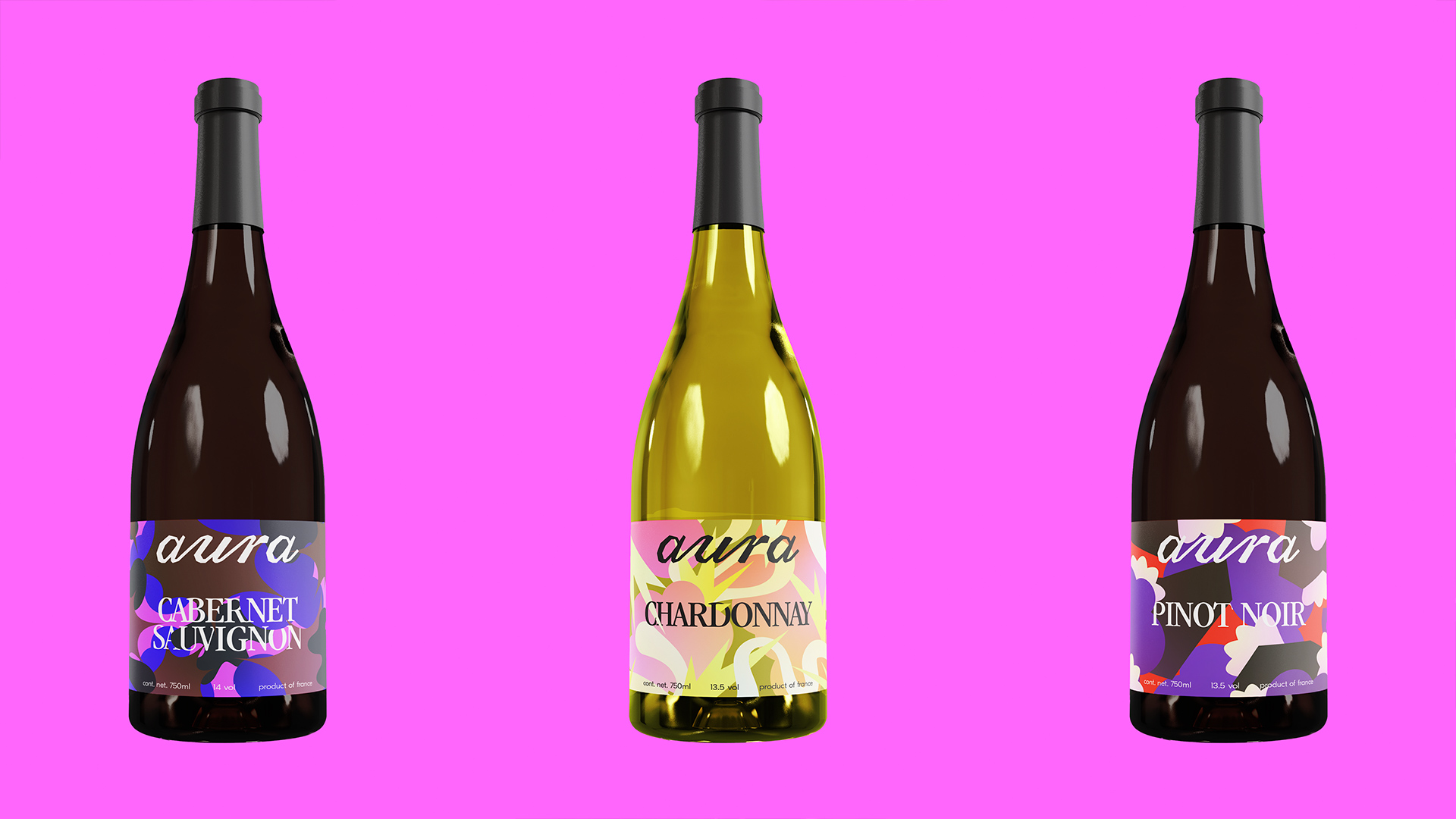 three bottles of wine with graphic illustrations