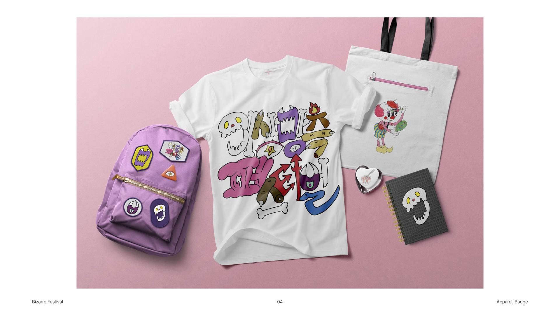 shirt, backpack and bag with stylized lettering
