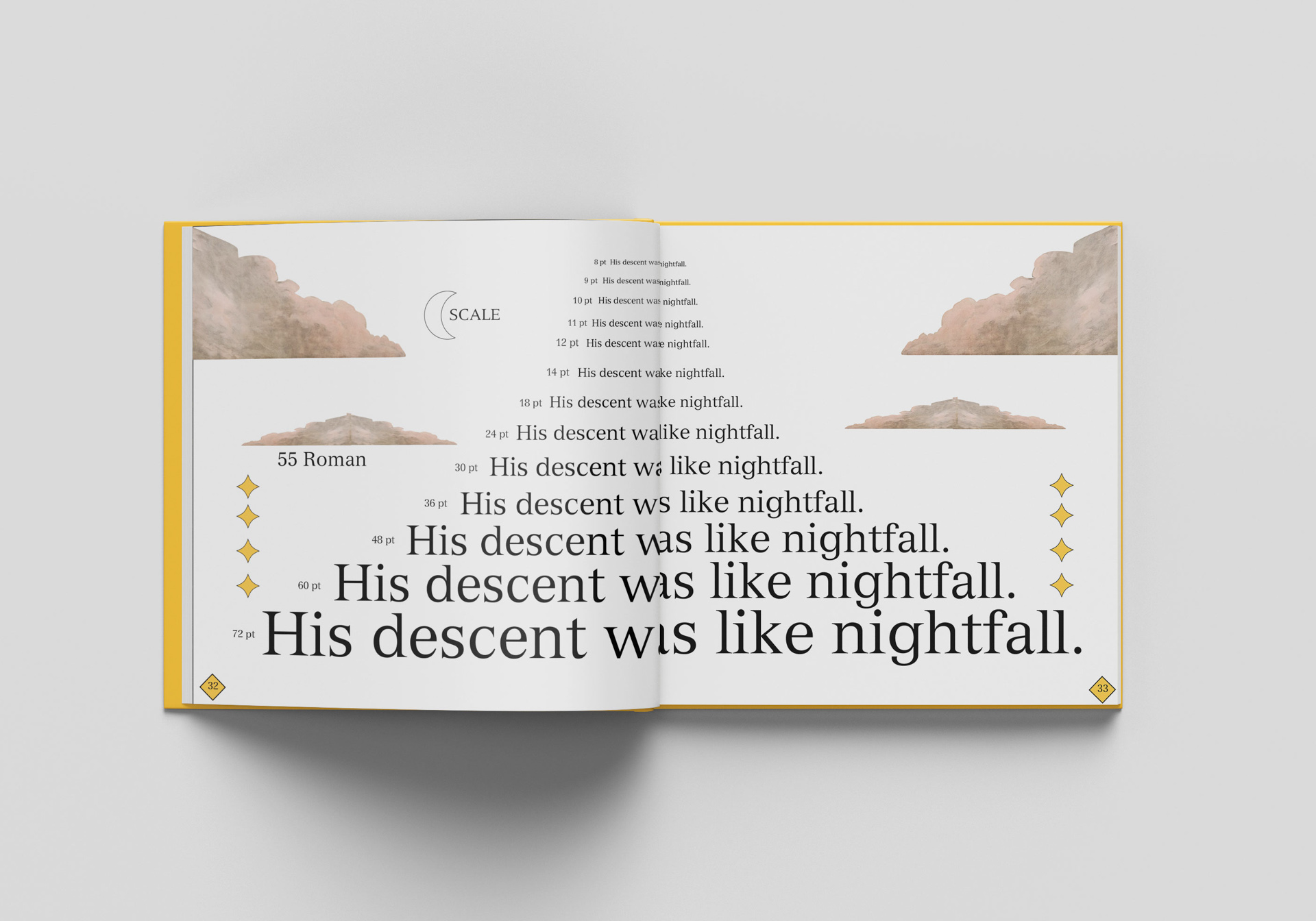 book open to a spread with words and ilustrations, on a white table