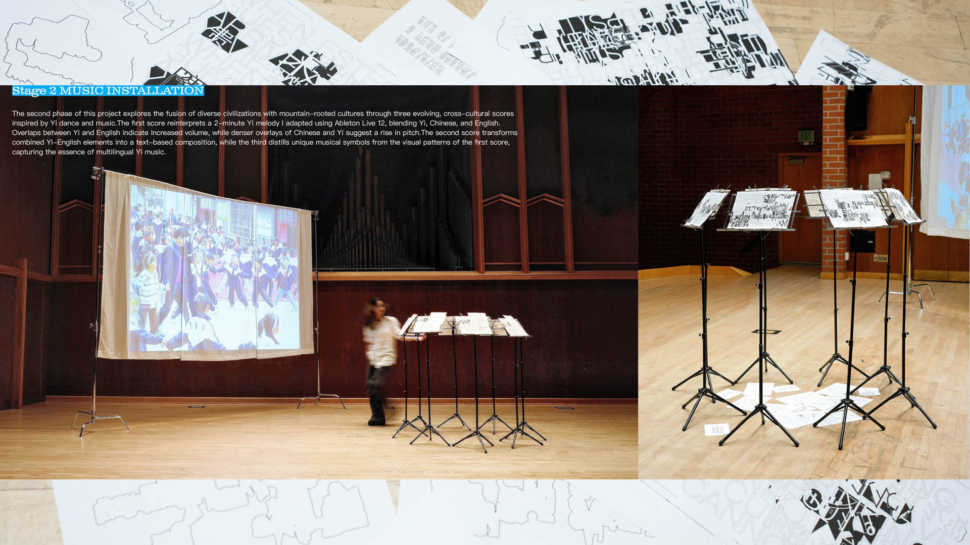a person giving a slide presentation in a large room, many display stands