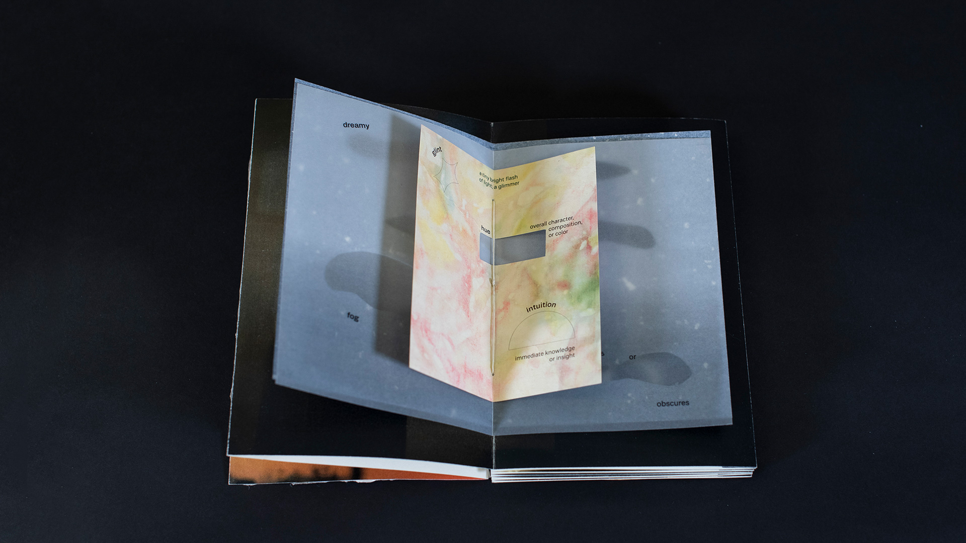 book on black background open to page with illustration and type