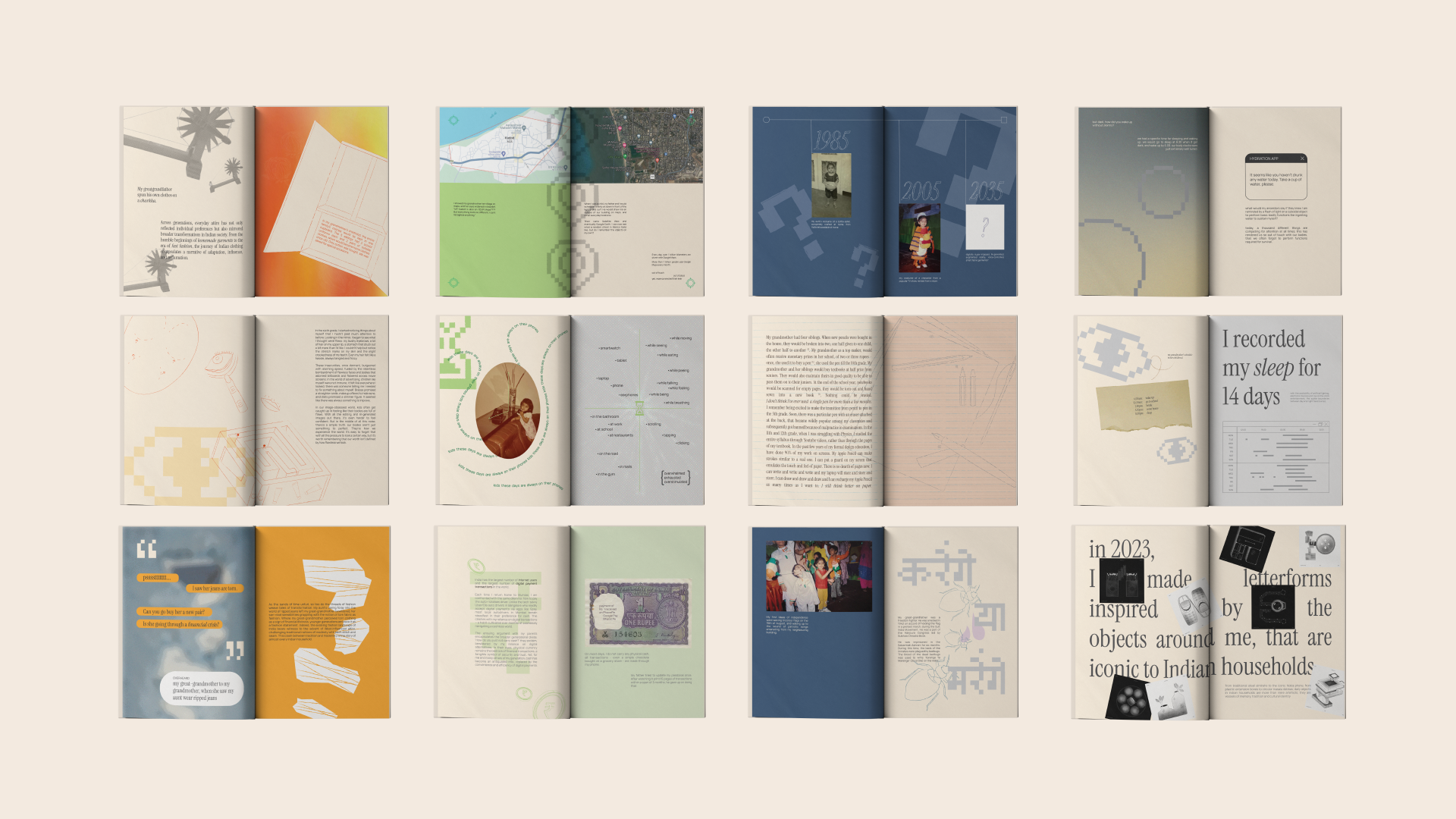covers of several beige books with writing and illustrations on them