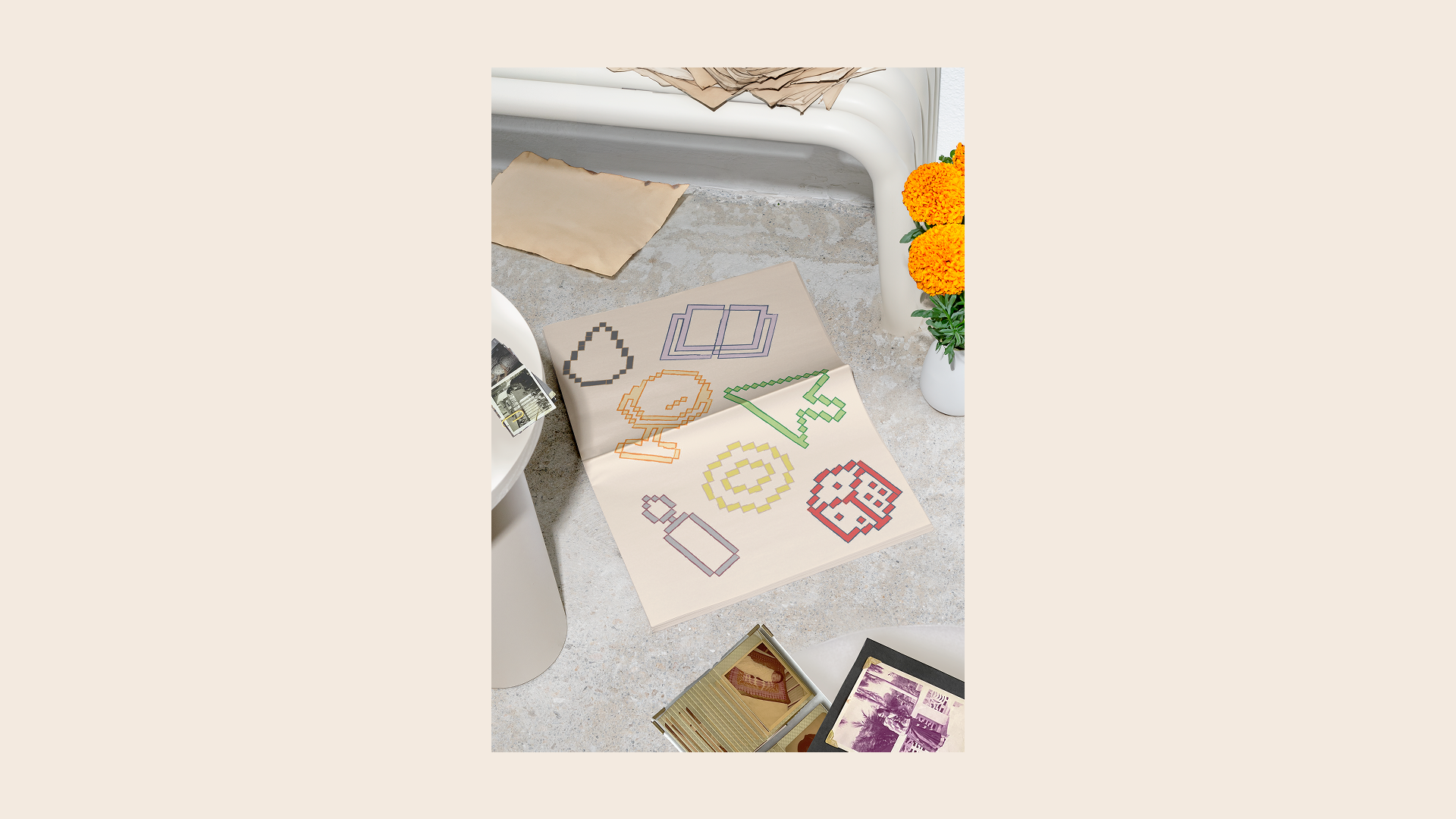 covers of a beige books with writing and illustrations on it
