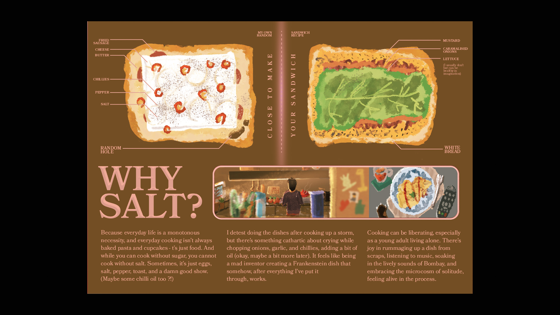 an interior spread of a zine called Salt, with colorful illustrations