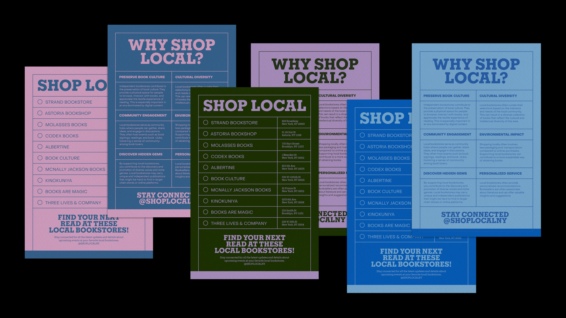 many posters on a black background that information on Shopping Local