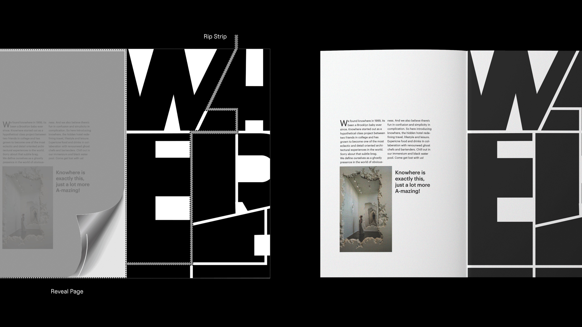 black and white examples of typography and articles for a business called Hotel Knowhere