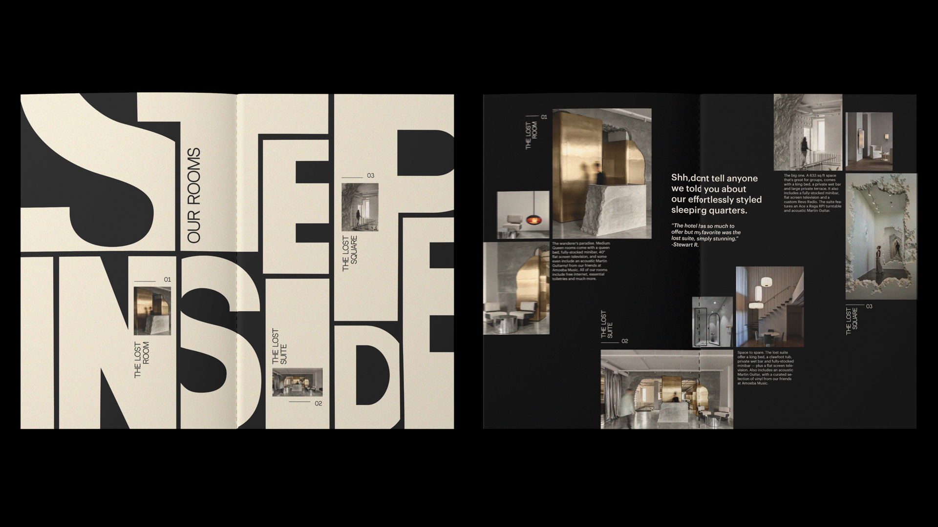 examples of typography in a magazines for a business called Hotel Knowhere