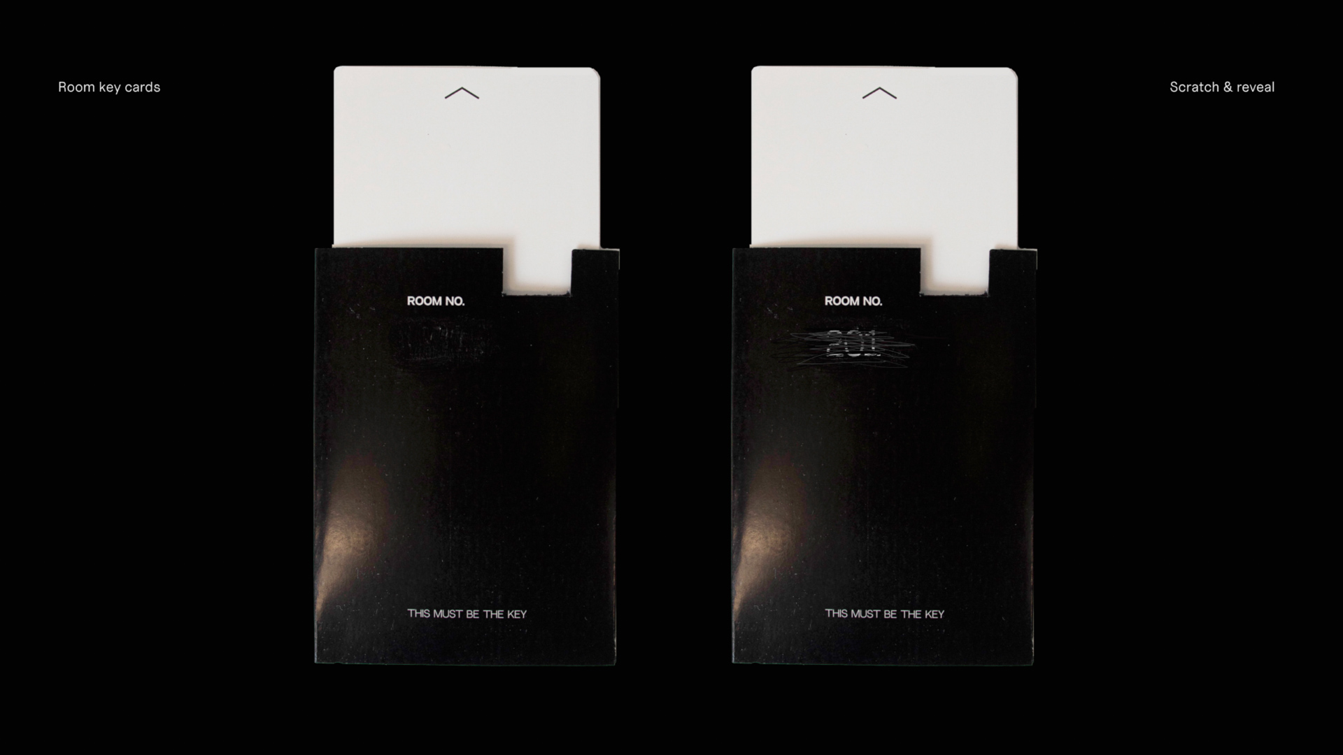 black and white examples of typography and key cards for a business called Hotel Knowhere