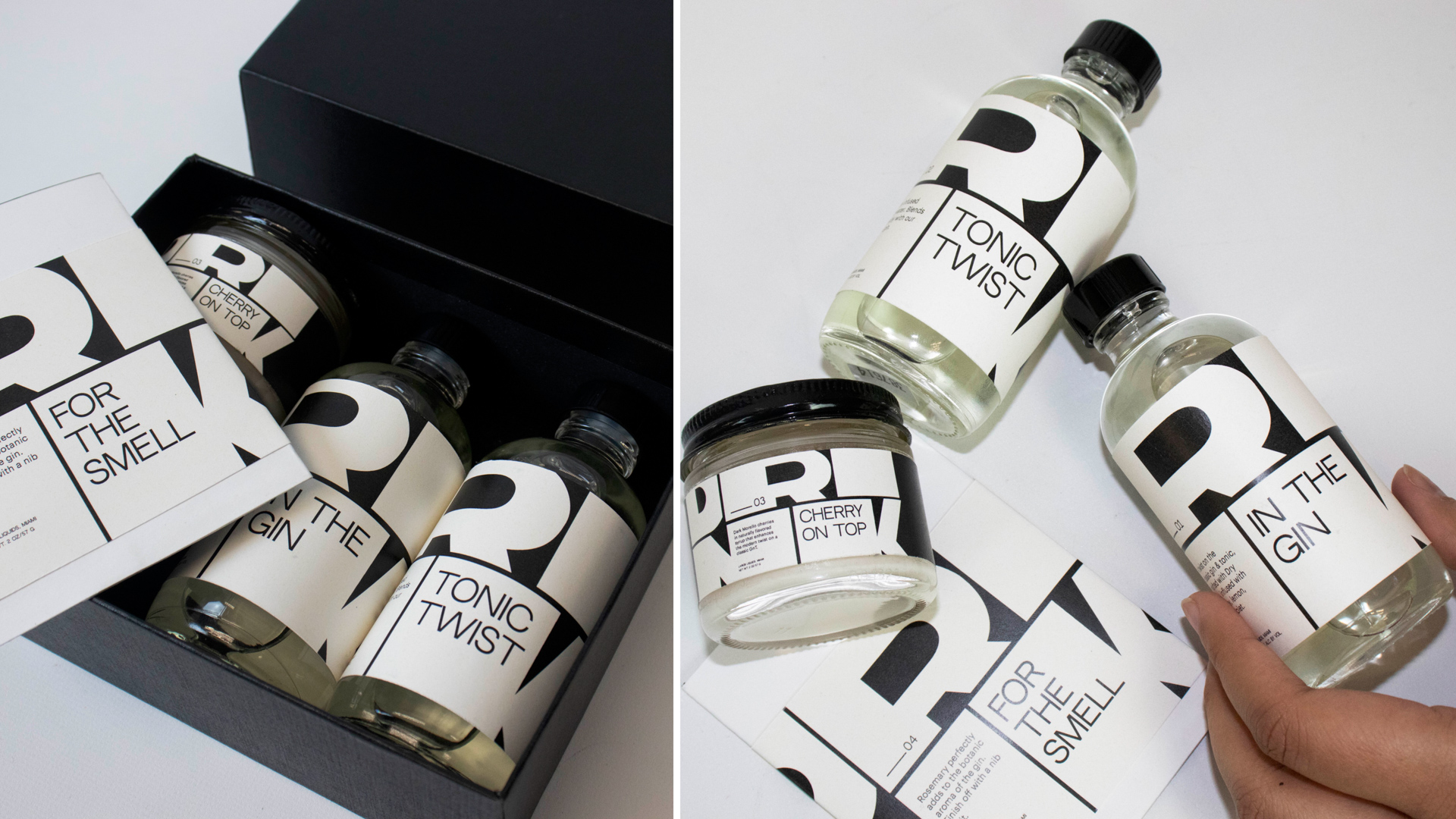 black and white examples of typography on products for a business called Hotel Knowhere