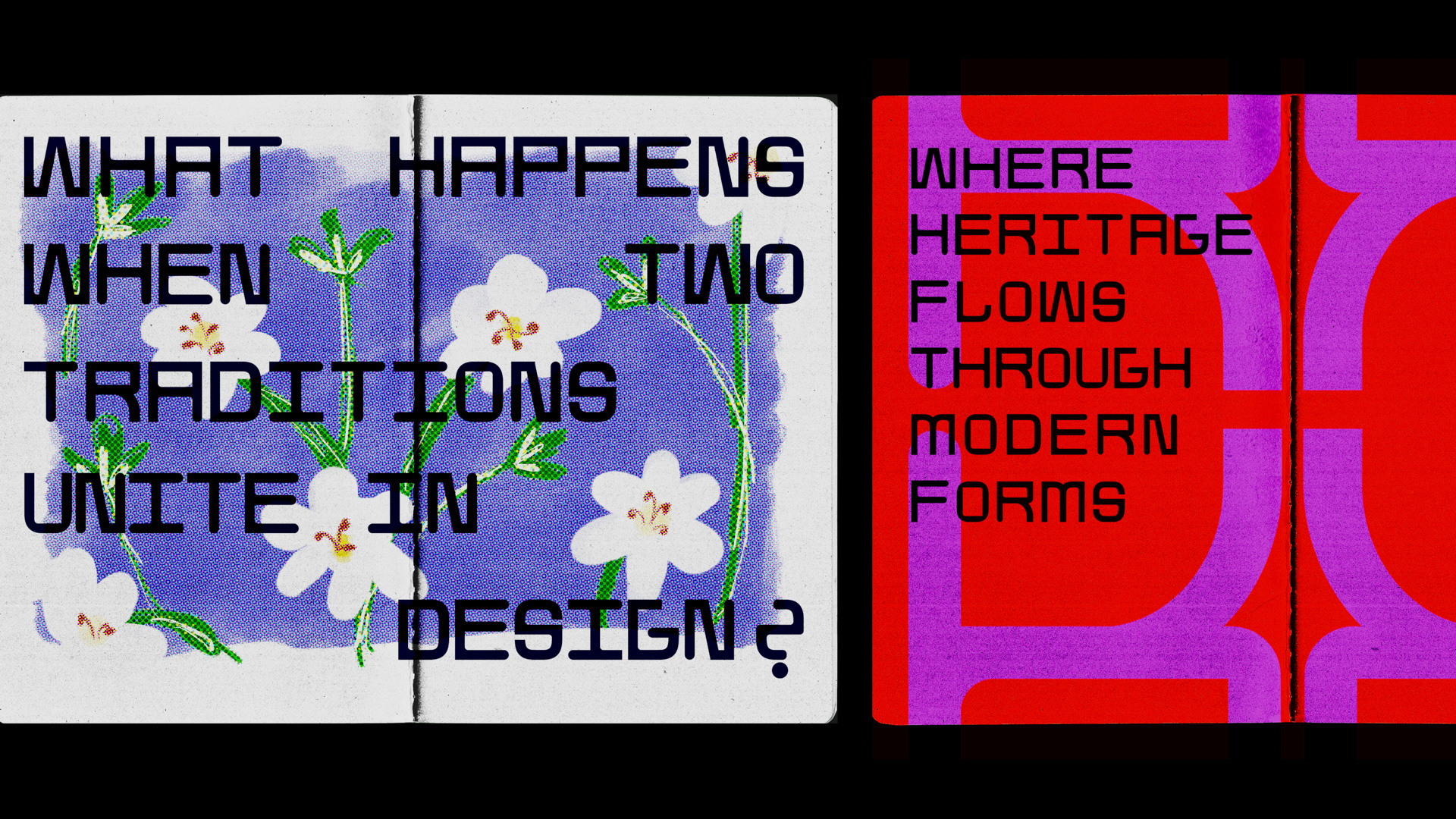 two spreads of books. colorful backgrounds with large writing on them.