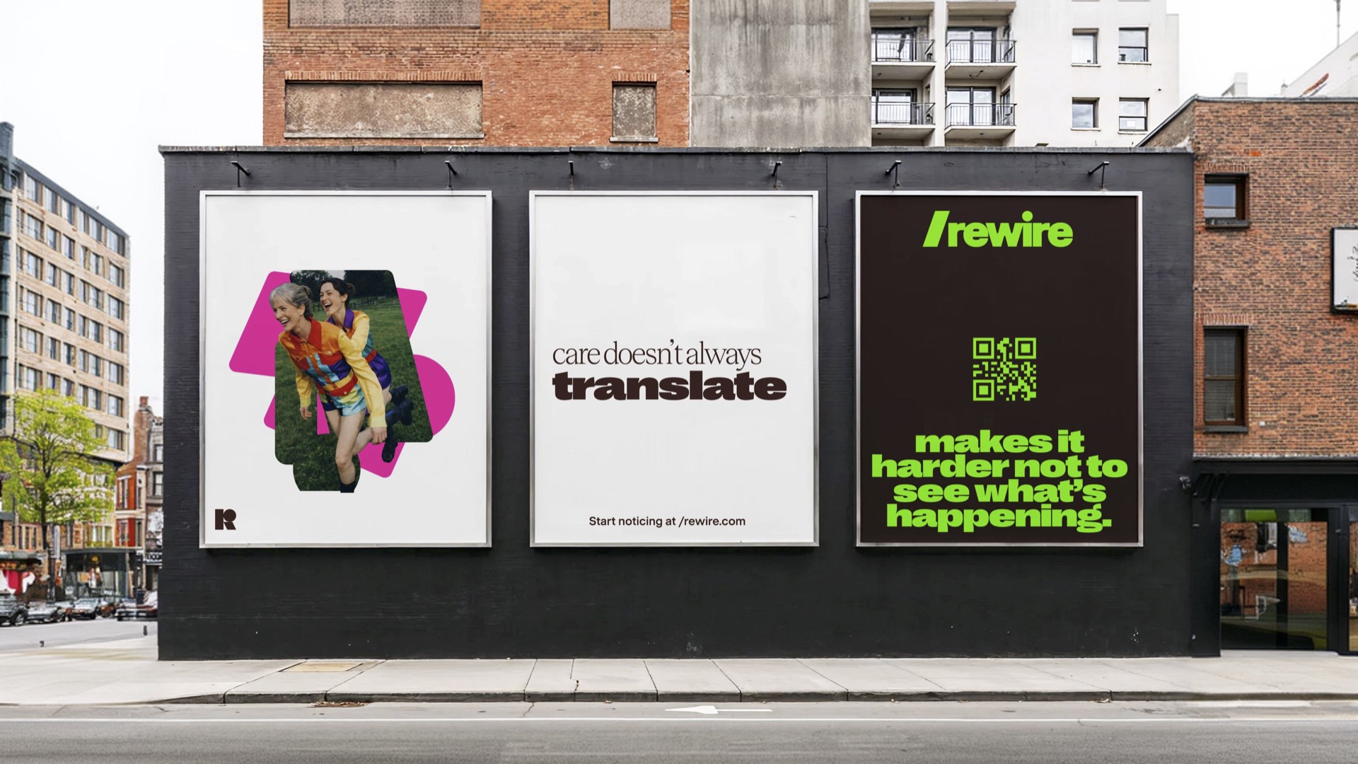 Three large street posters for Rewire featuring bold typography, a QR code, and messaging about emotional communication and care translation.