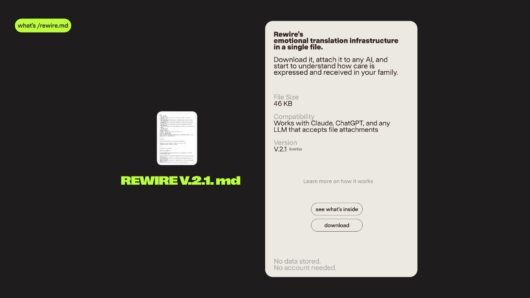 Landing page promoting “REWIRE V.2.1.md,” a downloadable emotional translation framework file compatible with AI tools like ChatGPT and Claude.