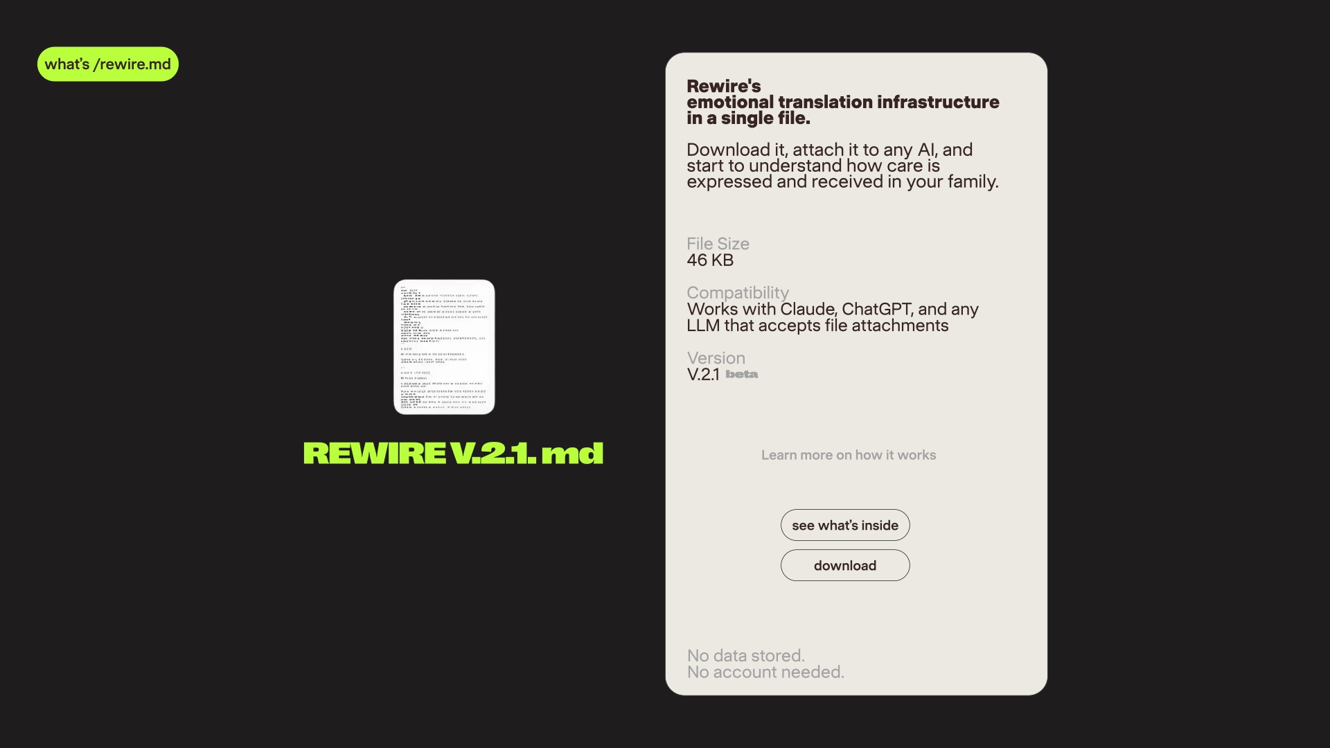 Landing page promoting “REWIRE V.2.1.md,” a downloadable emotional translation framework file compatible with AI tools like ChatGPT and Claude.