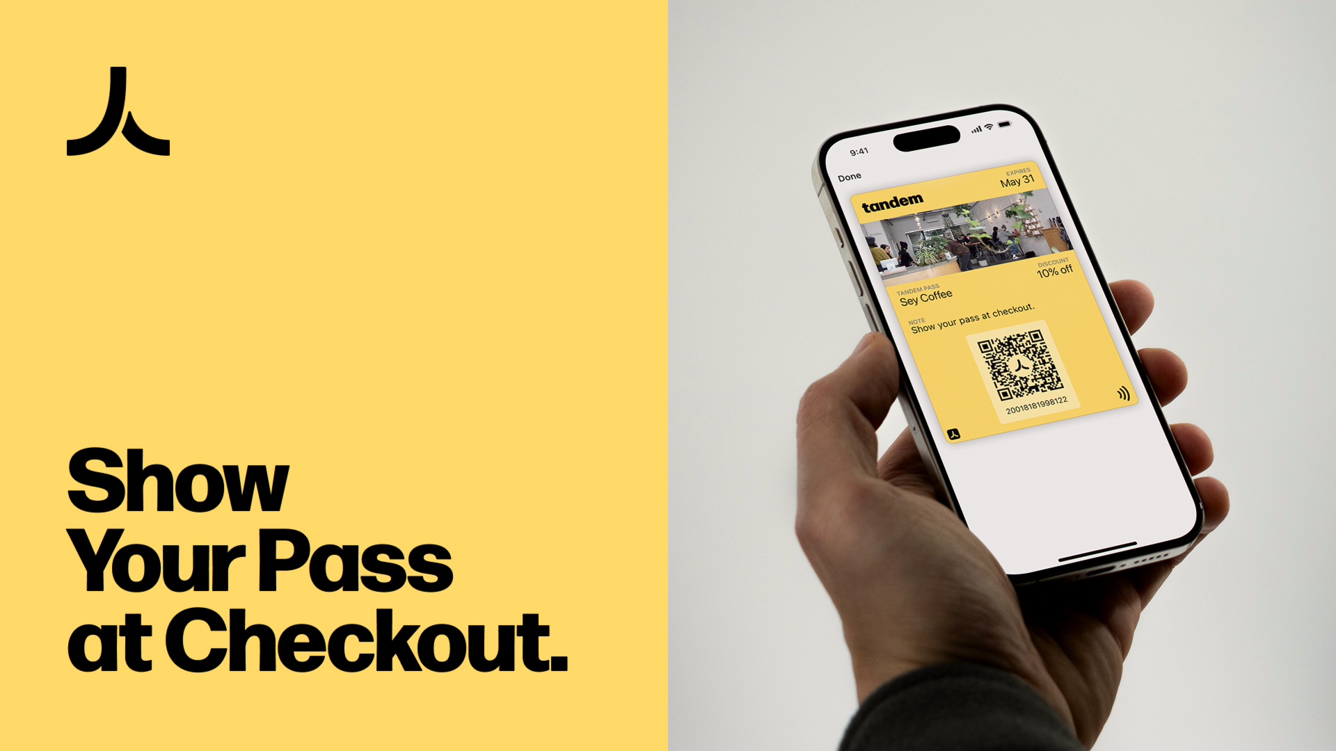 Promotional graphic showing a smartphone displaying a Tandem discount pass next to the text “Show Your Pass at Checkout.”