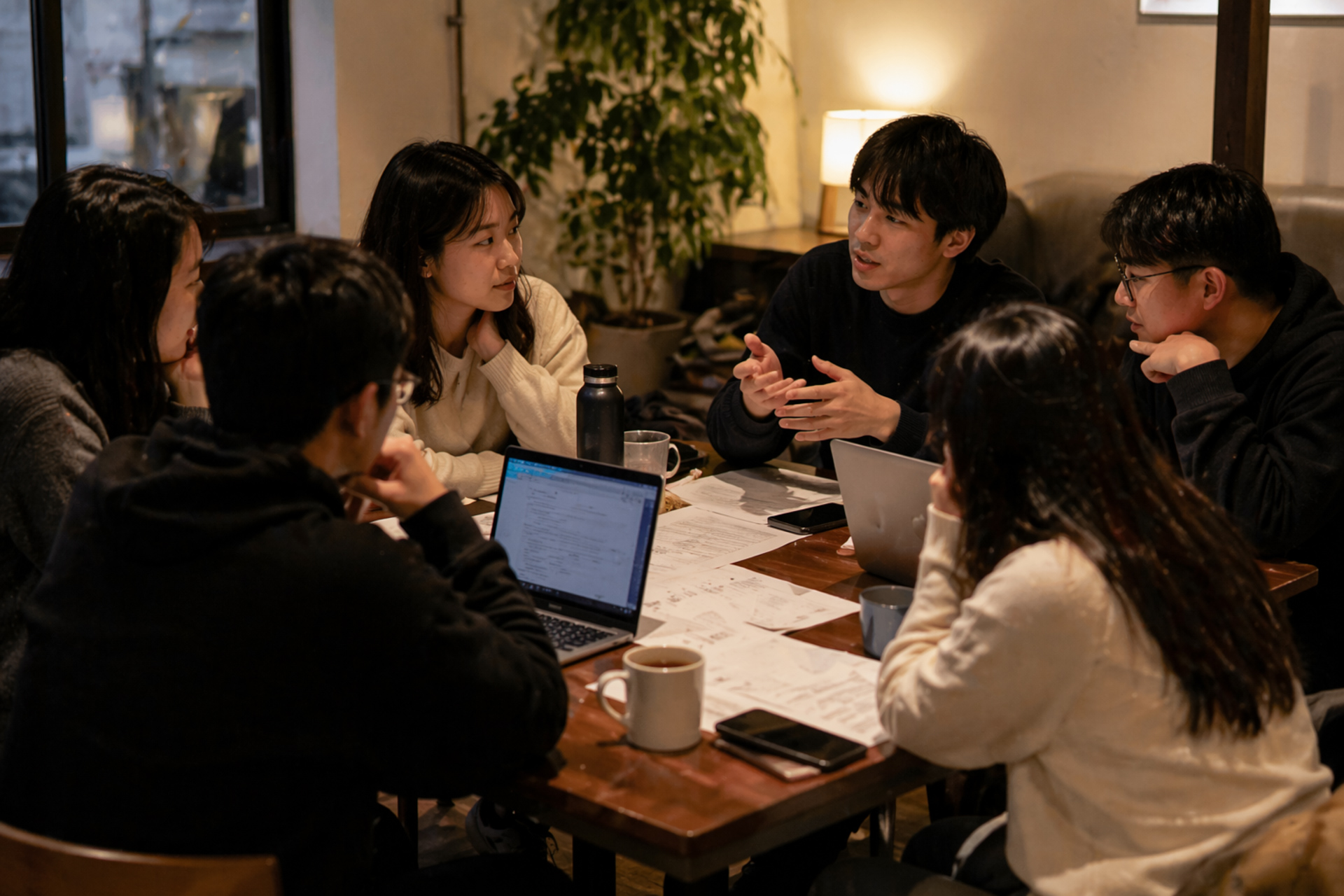 Small group of young professionals gathered around a table in a warm indoor setting, discussing ideas with laptops, notebooks, and drinks.